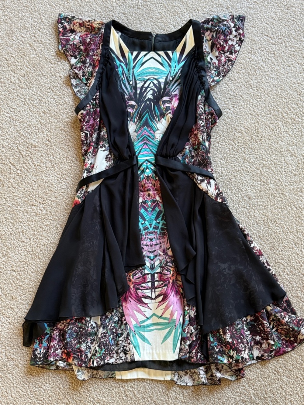 Cue Black Overlay High-Low Dress with Teal and Pink Print